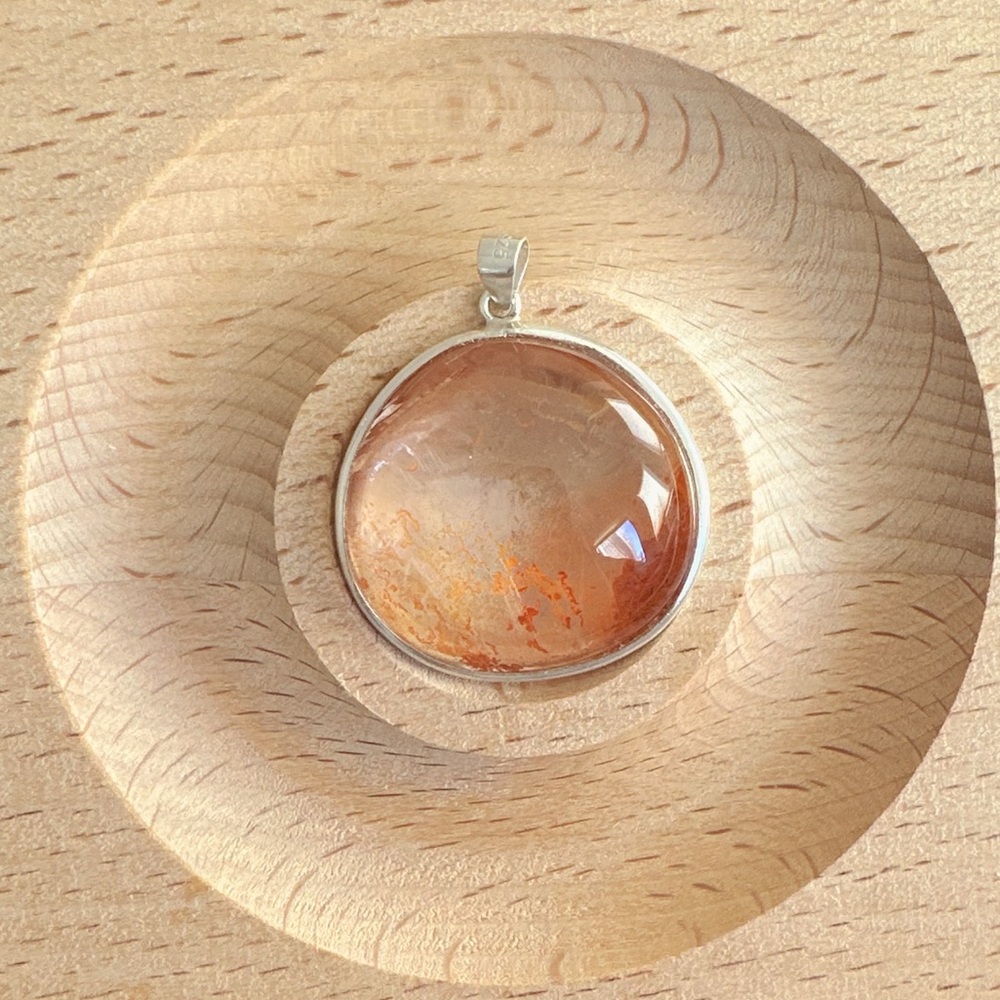 Handmade Natural Orange Stone Glass Dome Pendant Large Boho Statement